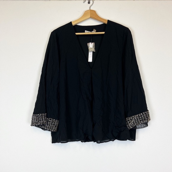 NEW Alice And Olivia Silk Chiffon Beaded Jewel Crystal Detail Cuff Blouse Shirt